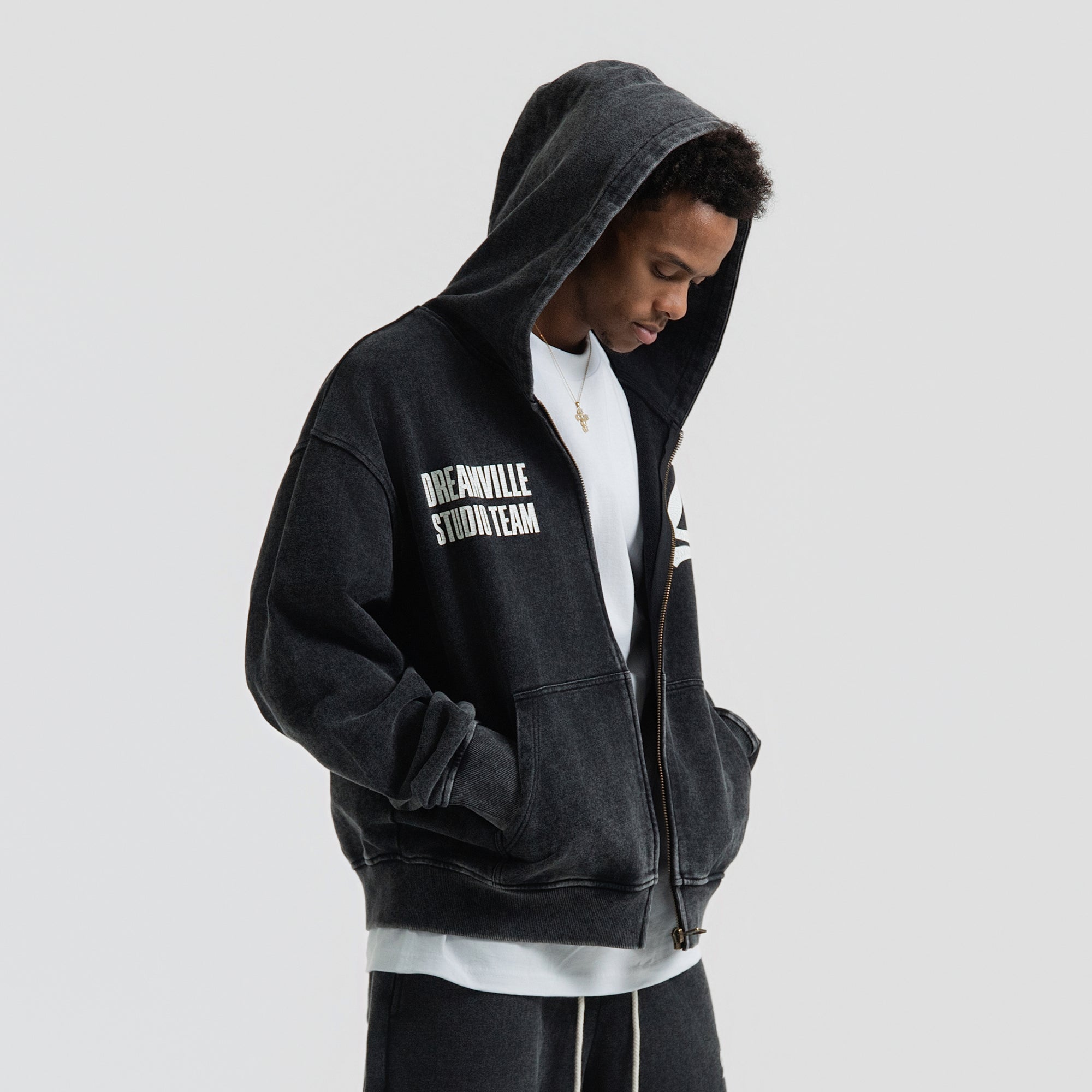 STUDIO TEAM ZIP UP HOODIE WASHED BLACK